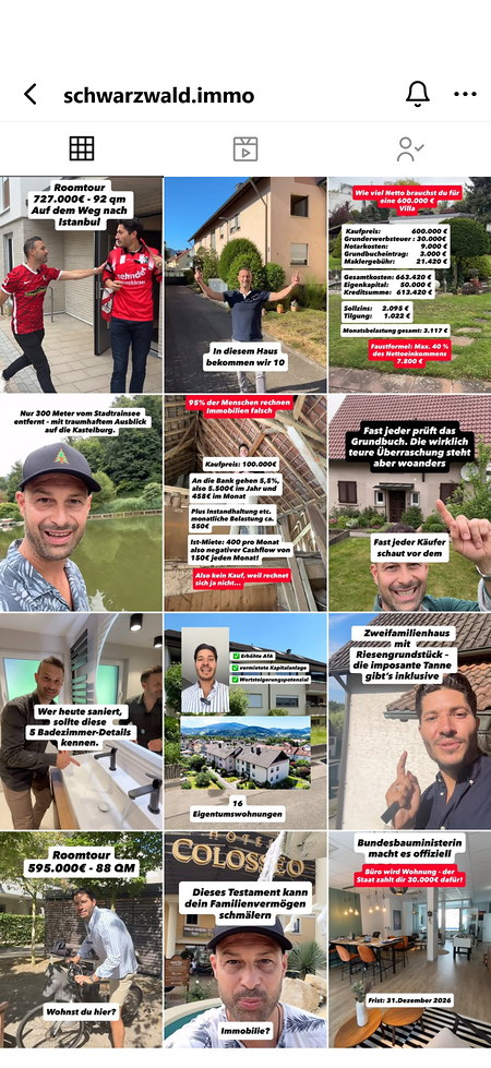 Das Instagram-Profil @schwarzwald.immo auf einem iPhone: zw&ouml;lf der neuesten Beitr&auml;ge im Raster, darunter Objekte, Rundg&auml;nge und Rechenbeispiele